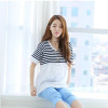 8178# Ties Waist Striped Patchwork Cotton Maternity Nursing Blouses 2017 Summer Breastfeeding Shirts Clothes for Pregnant Women