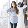 8178# Ties Waist Striped Patchwork Cotton Maternity Nursing Blouses 2017 Summer Breastfeeding Shirts Clothes for Pregnant Women