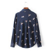New Euro Fashion Women Vintage Bird printing Long sleeve Shirts Casual Bow tie Blouse Loose Tops chemise femme blusas S1310