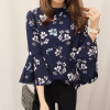 2017 Korea Fashion Women Blouse Chiffon Blusas Floral Feminina Chemise Femme Flare Sleeve Blouse Shirt Turtleneck Ladies Tops