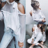 Stylish Women clothes Casual Long Sleeve transparent Shirts Turtle Neck Loose solid Summer Polyester Blouses one pieces