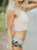 Chicnico Cute Halter Striped Floral Tank High Waist Bikini Set