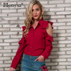 Cold Shoulder Tops Women 2018 Spring New Arrivals Fashion Ruffle Long Sleeeve Shirts Ladies Casual Chiffon Blouses Red White