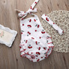 Ruffled Baby Rompers Girl Baby Costumes Set Kids Jumpsuit Cotton Cherry Printed Romper with bow headband
