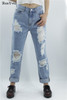 RenYvtil Women's Ripped Trousers Casual New Arrival Vogue Hole Blue Denim Pants for Ladies Straight Boyfriend Comfort Loose Jean