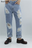 RenYvtil Women's Ripped Trousers Casual New Arrival Vogue Hole Blue Denim Pants for Ladies Straight Boyfriend Comfort Loose Jean