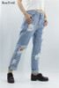 RenYvtil Women's Ripped Trousers Casual New Arrival Vogue Hole Blue Denim Pants for Ladies Straight Boyfriend Comfort Loose Jean