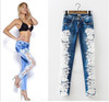 Fashion hollow out lace patchwork skinny full length jeans women pants trousers plus size for feminino ladies