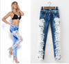 Fashion hollow out lace patchwork skinny full length jeans women pants trousers plus size for feminino ladies
