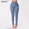 Sibybo Women Lace Up Jeans 2017 Fashion Ripped High Waist Skinny Denim Pencil Pants Sexy Side Hollow Out Bodycon Jeans