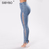 Sibybo Women Lace Up Jeans 2017 Fashion Ripped High Waist Skinny Denim Pencil Pants Sexy Side Hollow Out Bodycon Jeans