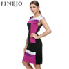 FINEJO Women Fashion Sexy Bodycon Dress Vestidos Geometrical Patchwork Contrast Color Short Sleeve O-neck Pencil Dress S-XXXL