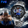 TVG Male Sports Watch Men Full stainless steel waterproof Quartz-watch Digital Led Analog Dual display Men's Wrist Watches