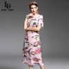 High Quality New 2017 Spring Summer Designer Runway Dress Women elegant Mid Calf Length Floral Embroidery Printed Pink Dress