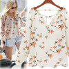 #5505 Women Summer Casual Flying Pigeon Pattern V-Neckline Long Sleeve Tether Blouse Chiffon Floral Shirt