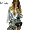 Weekeep 2016  Autumn Sexy Off Shoulder Glossy Blouse Shirt Soft Satin Flare Sleeve Tops Elegant Party Women Blouses Blusas