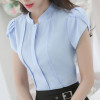 Fashion Stand collar women shirt OL office puff short sleeve chiffon blouses OL ladies formal work wear summer clothes slim tops