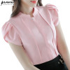 Fashion Stand collar women shirt OL office puff short sleeve chiffon blouses OL ladies formal work wear summer clothes slim tops
