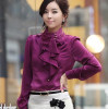 Fashion stand collar long sleeve female shirt OL office Formal elegant ruffles chiffon women's blouse plus size bow tops #580