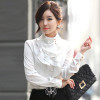 Fashion stand collar long sleeve female shirt OL office Formal elegant ruffles chiffon women's blouse plus size bow tops #580