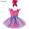 Troll Poppy Tutu Dress Baby Girl Tulle Princess Dress Kids Halloween Cosplay Costume Girl Festival Birthday Party Cartoon Dress