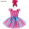 Troll Poppy Tutu Dress Baby Girl Tulle Princess Dress Kids Halloween Cosplay Costume Girl Festival Birthday Party Cartoon Dress