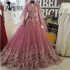 High Neck Long Sleeve Muslim Evening Dresses Ball Gown Long Lace Prom Dresses 2017 Saudi Arabia Women Formal Party Gown
