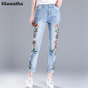 Hiawatha 2017 New Spring Summer Jeans Women Fashion Flower Embroidery High Waist Denim Pants Fashion Ankle-Length Pants JST006