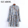 GCAROL New Arrival Stand Collar Women Floral Dress Pleased Cuff Sleeve High Quality Vintage Female Floral Dress