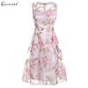 Gamiss Vintage Pink Floral Print Dress Women Retro Sleeveless A Line Midi Organza Dress 2017 Sheer Summer Dress Ladies vestidos