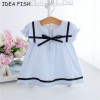 IDEA FISH 2017 Summer Baby Dress Cotton Bow Infant Girl Dresses Puff Sleeve Toddler Baby Girl Clothes blue white 0-2T