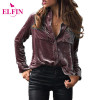 Fashion Women Blouse Shirt Long Sleeve Velvet Shirt Button Turn Down Collar Shirt Feminine Blouses Blue Ladies Tops LJ8153R