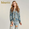 Bohoartist Women Blouse Bohemian Chic Flower Print Lantern Sleeve Folk Custom Clothing Lace Up Female Casual Slim Blouses New