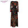 Bohemian style women long dress S.FLAVOR rose printing O-neck long sleeve casual vestidos with belt Autumn fashion chiffon dress