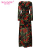 Bohemian style women long dress S.FLAVOR rose printing O-neck long sleeve casual vestidos with belt Autumn fashion chiffon dress