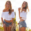 Bohemian off shoulder summer crop top blouses shirts 2017 new lace splice white tops for women slash neck sexy hot short blouse