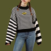 Pattern stripe knitted sweater women pullover winter cropped unif black white embroidery Loose Oversize Crayola Pullovers