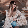 Jastie Gypsy Collective Celestial Blouse V-Neck with Tie Oversized Flare Sleeve Women Shirt Top Boho Stars Print Blouses Blusa