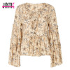 Jastie Gypsy Collective Celestial Blouse V-Neck with Tie Oversized Flare Sleeve Women Shirt Top Boho Stars Print Blouses Blusa