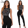 Fashion Fix Rhinestone Mesh Black  Sheer Rompers Womens Jumpsuit bodycon Sleeveless One Piece Sexy combinaison femme QL2487
