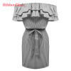 Off Shoulder Strapless Striped Ruffles Dress Women Summer Sundresses Beach Casual Shirt Short Mini Party Dresses DF0867