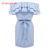 Off Shoulder Strapless Striped Ruffles Dress Women Summer Sundresses Beach Casual Shirt Short Mini Party Dresses DF0867
