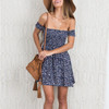 Off Shoulder Floral Print Fit And Flare Summer Dress Vintage High Waist Blue Casual Women Dress 2016 Elegant Short Beach Dresses