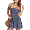 Off Shoulder Floral Print Fit And Flare Summer Dress Vintage High Waist Blue Casual Women Dress 2016 Elegant Short Beach Dresses