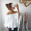 Off Shoulder Chiffon Blouse Casual Flare Sleeve Striped Office Shirt Sexy Slash Neck Bow Tie Bandage Summer Tops Women Blouses