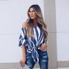 Off Shoulder Chiffon Blouse Casual Flare Sleeve Striped Office Shirt Sexy Slash Neck Bow Tie Bandage Summer Tops Women Blouses
