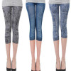 New Arrivals Women Casual Seamless Imitation Cowboy Printed Leggings Stretch Skinny Cropped To the Calf Leggings Half Pants Lady