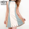 HDY Haoduoyi Summer Contrast Color Bodycon Dress Sexy Party Mini Dress Women Sleeveless Eyelet Detail High Collar Dress