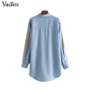 Vadim elegant floral embroidery denim loose long shirts long sleeve blouses ladies office wear oversized tops blusas LT2805