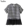 Vadim bow tie collar plaid tweed patchwork pleated shirts tassels ruffled ham short sleeve blouse casual tops blusas DT1315
